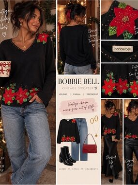 Vintage holiday Bobbie Bell Black V-Neck Poinsettia Embellished Holiday Top